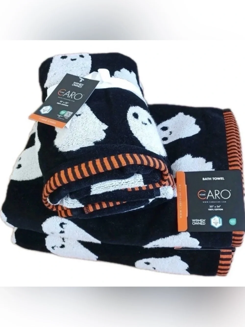 CARO Halloween Ghost Bath Towel in Black & White with Orange Trim